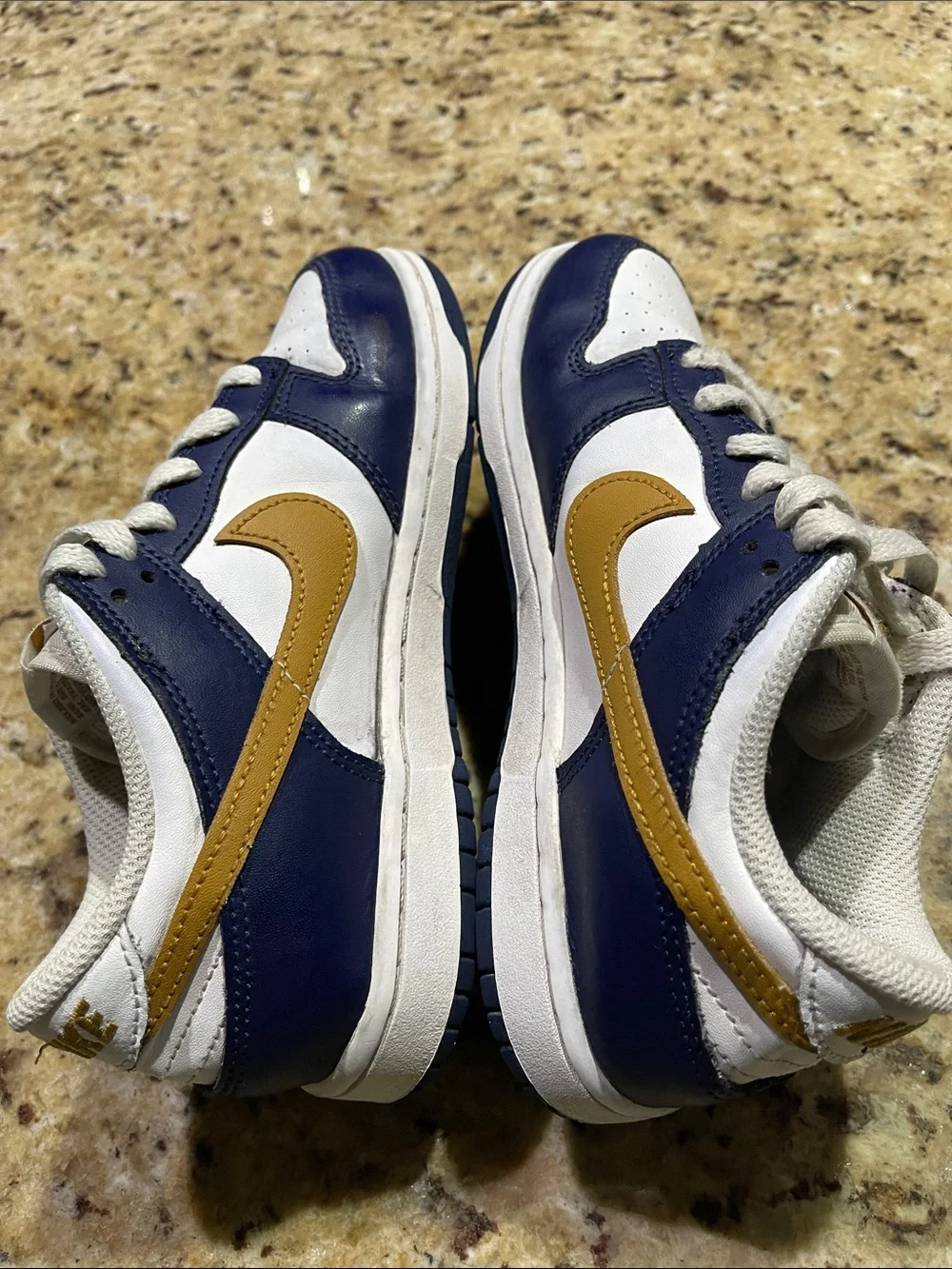 Nike Dunk Low Top Sneakers in White, Navy & Gold